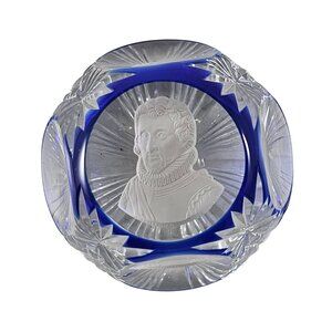 Cristal d’Albret 1967 Christopher Columbus Sulphide Paperweight Faceted Blue